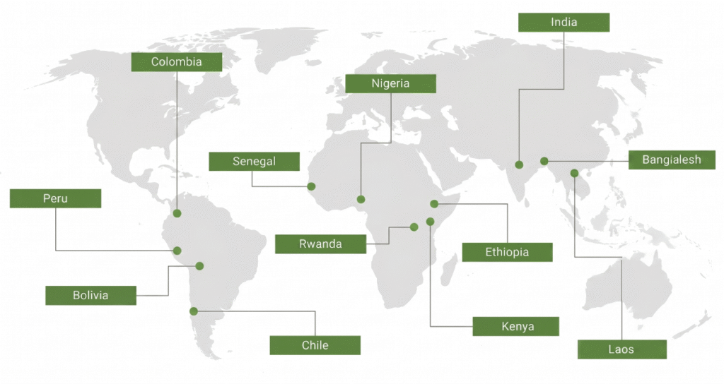 World map with following countries highlighted: Bolivia, Colombia, Chile, Peru, Ethiopia, Kenya, Nigeria, Rwanda, Senegal, India, Bangladesh, Laos